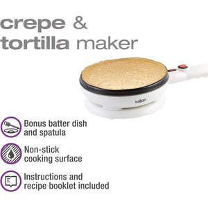 Salton CM1337 Crêpière Électrique Sans Fil avec Plat à Pâte et Spatule, Surface Antiadhésive, Température Automatique, 7.5", 800W, Blanc - Simple Boutique