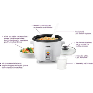 Salton - Cuiseur à Riz, Capacité de 6 Tasses, Bol de cuisson Antiadhésif Amovible, 300 Watts, Blanc - Simple Boutique