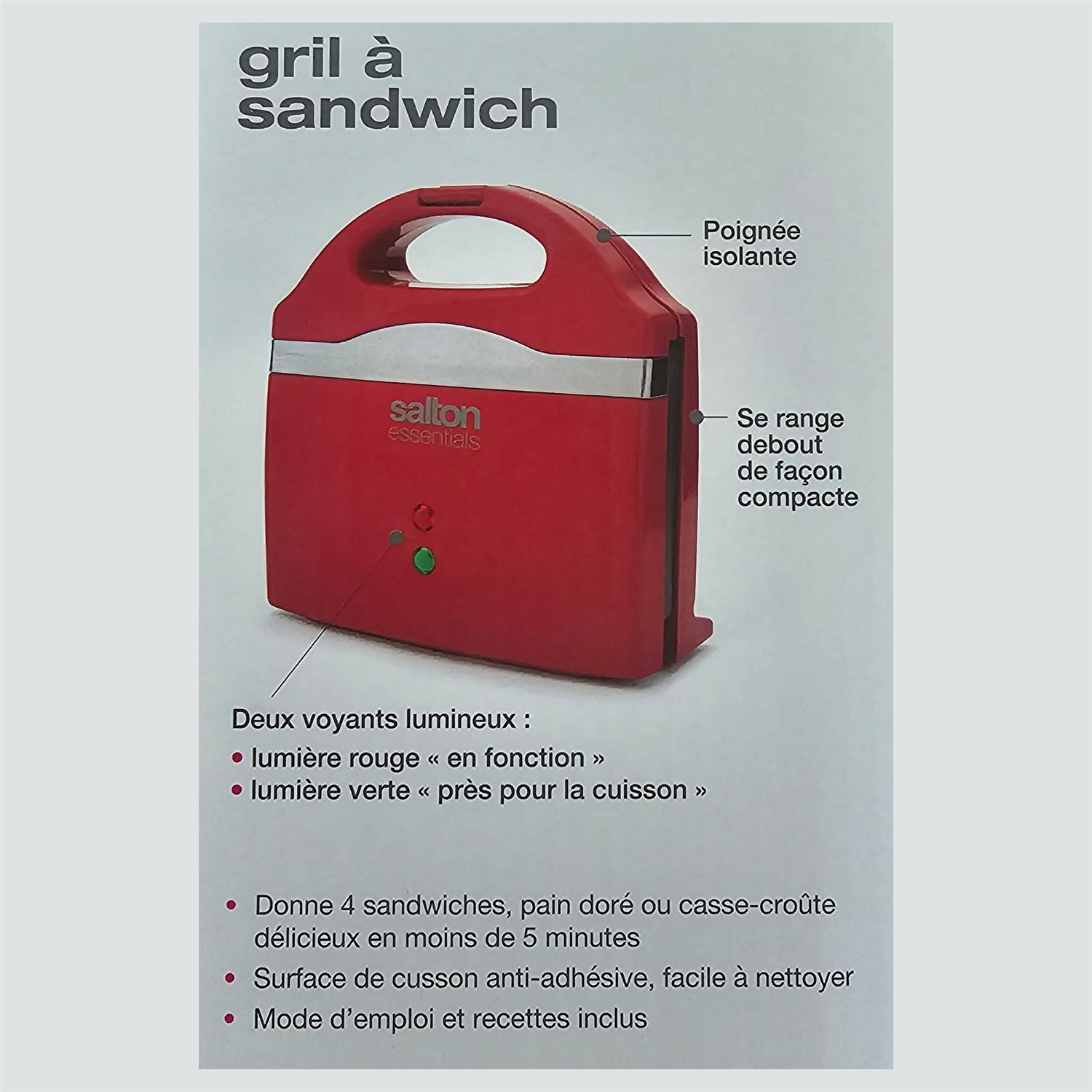 Salton Essentials - Gril à Sandwich Compact avec Suface de Cuisson Anti-Adhésive, Rouge - Simple Boutique