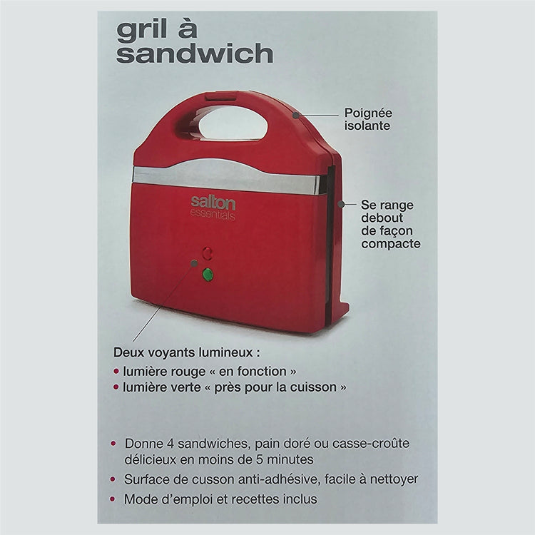 Salton Essentials - Gril à Sandwich Compact avec Suface de Cuisson Anti-Adhésive, Rouge - Simple Boutique