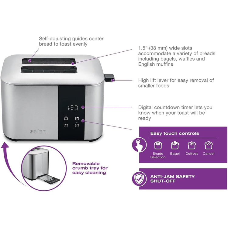 Salton - Grille Pain 2 Tranches avec Compte à Rebours Numérique, 6 Réglages de Teinte, Acier Inoxydable - Simple Boutique