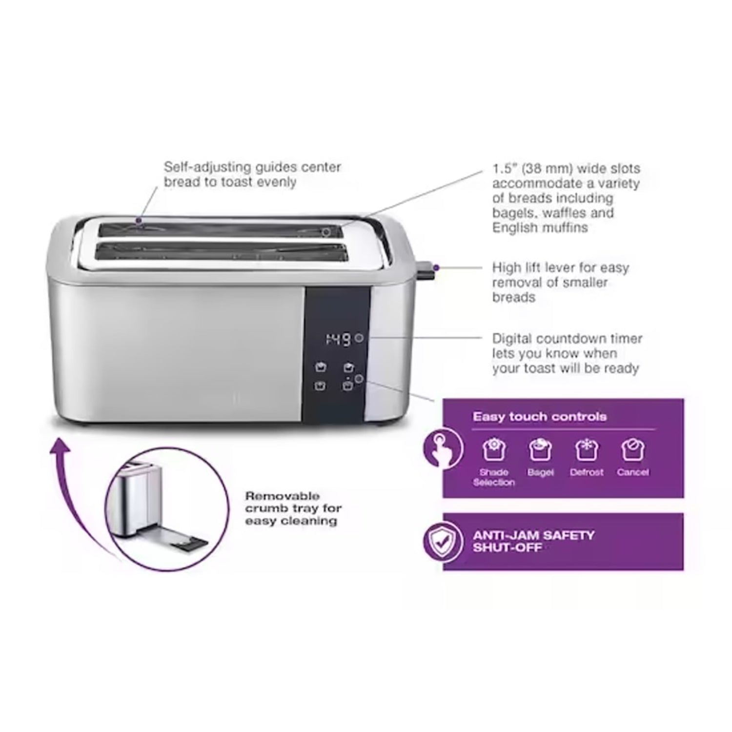 Salton - Grille-Pain Numérique à Longue Fente, Capacité de 4 Tranches, 1500 Watts, Acier Inoxydable - Simple Boutique