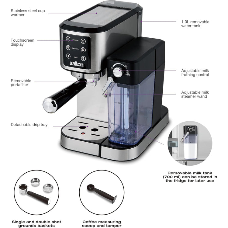 Salton - Machine à Expresso Barista+ 3 en 1, Recipient à Lait Amovible, Acier Inoxydable - Simple Boutique