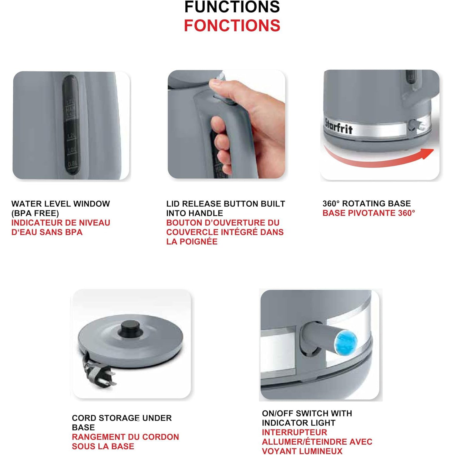 Starfrit - Bouilloire Électrique, Capacité de 1.7 Litre, 1500 Watts, Gris - Simple Boutique