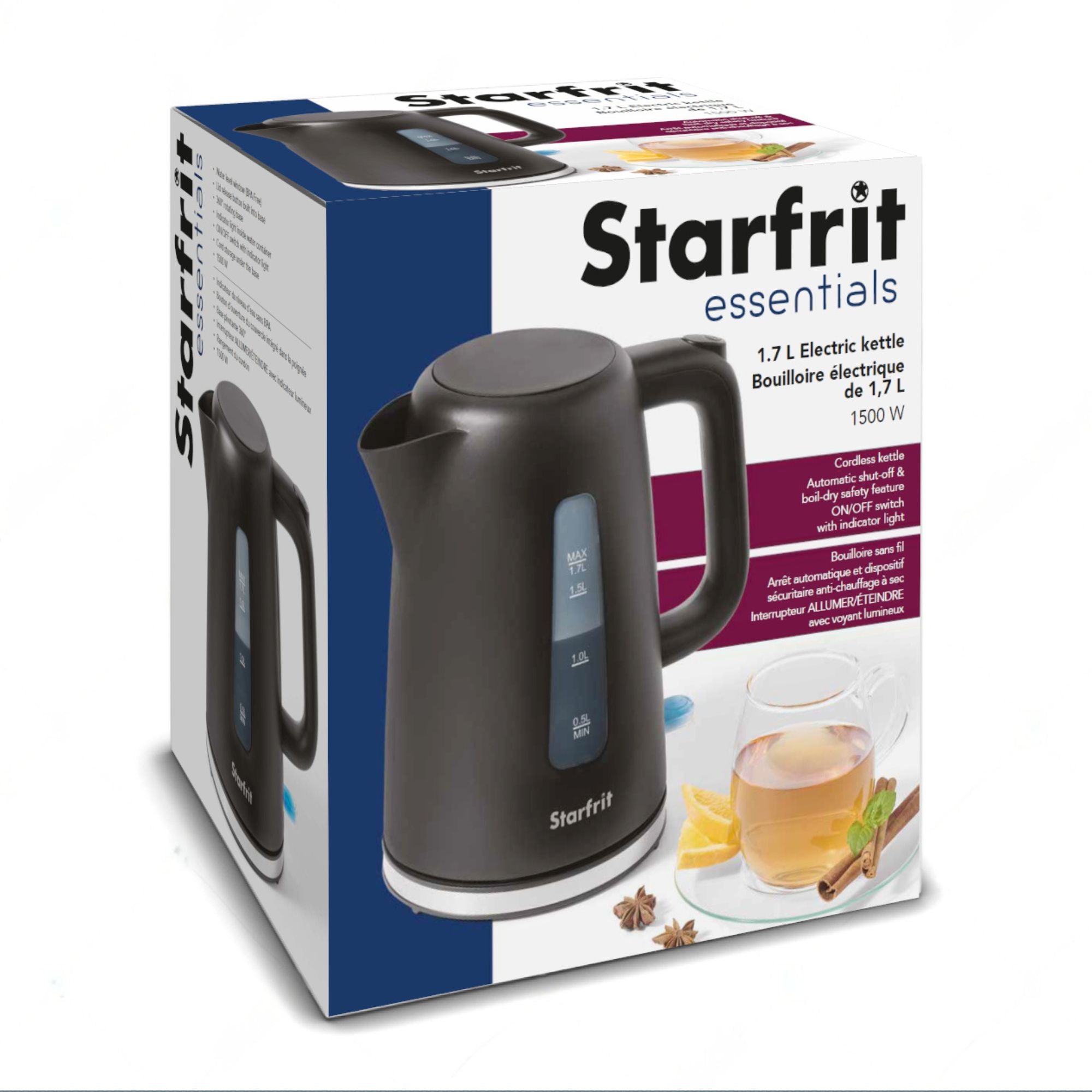 Starfrit Essentials – Bouilloire Électrique 1,7 L, 1500 W, Sans BPA, Base Pivotante 360°, Arrêt Automatique, Noir - Simple Boutique