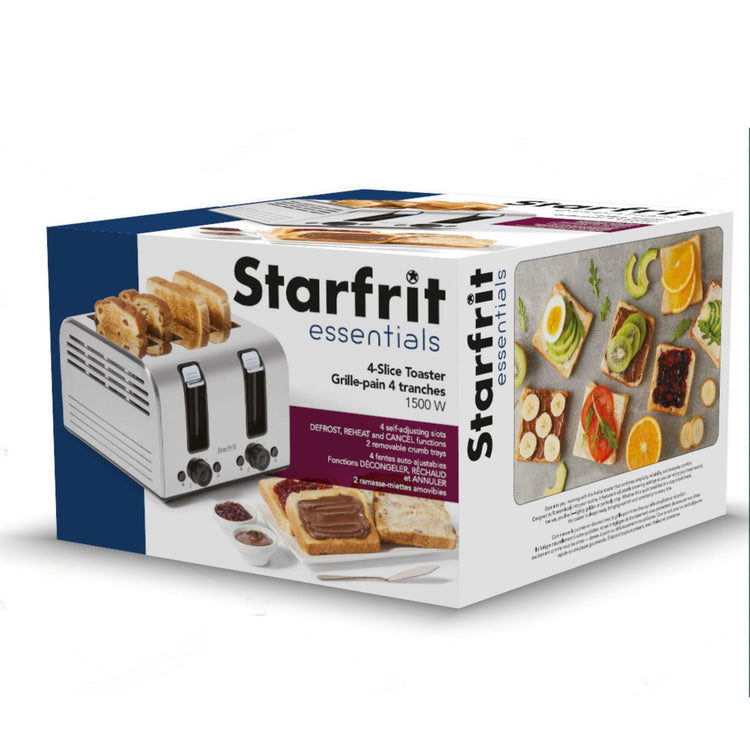 Starfrit Essentials – Grille-pain 4 Tranches, 1500 W, Fentes Auto-ajustables, Fonctions Décongeler / Réchauffer / Annuler - Simple Boutique