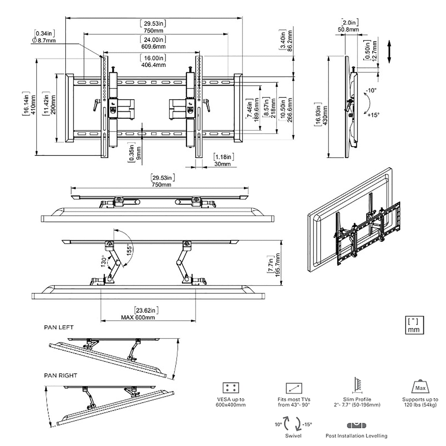 SyncMount - Support Mural Inclinable et Extensible pour Téléviseur, Pour Écran de 43" à 90", Poids Maximum de 120lb - Simple Boutique