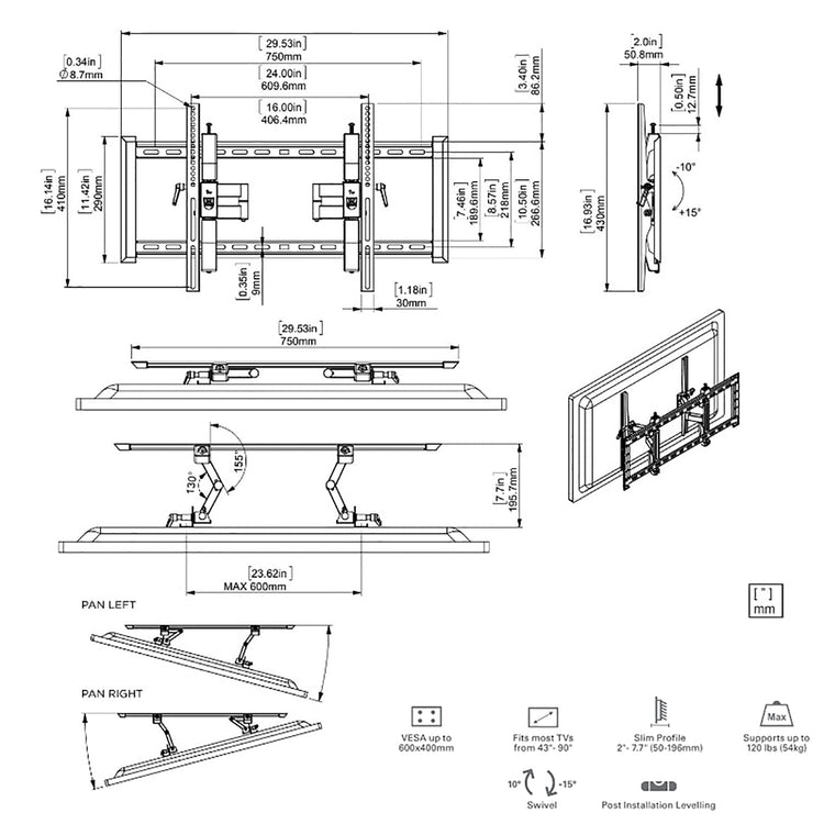 SyncMount - Support Mural Inclinable et Extensible pour Téléviseur, Pour Écran de 43" à 90", Poids Maximum de 120lb - Simple Boutique