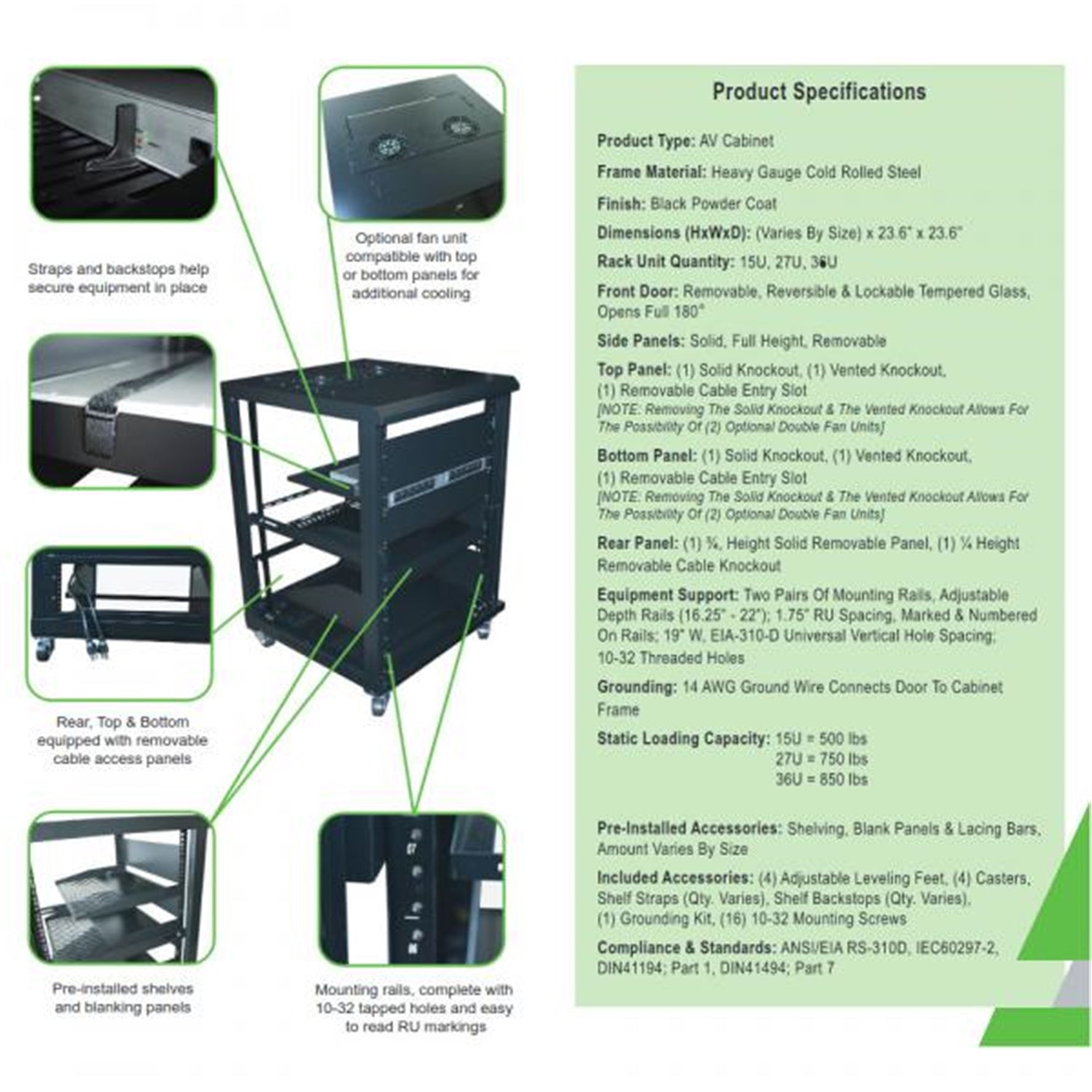 TechCraft - Armoire Audio Visuelle 36U, 23.6" de Profondeur, Porte avec Serrure, Assemblé, Noir - Simple Boutique