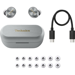 Technic - Écouteurs Intra-Auriculaires Sans-Fil, Hi-Res Audio, Supression du Bruit, Microphone et Boitier de Recharge, Argenté - Simple Boutique