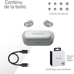 Technics - Écouteurs Intra-Auriculaires Sans-Fil Bluetooth avec Suppression du Bruit, Microphone et Boitier de Recharge, Argenté - Simple Boutique