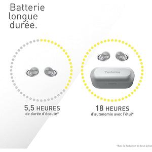 Technics - Écouteurs Intra-Auriculaires Sans-Fil Bluetooth avec Suppression du Bruit, Microphone et Boitier de Recharge, Argenté - Simple Boutique