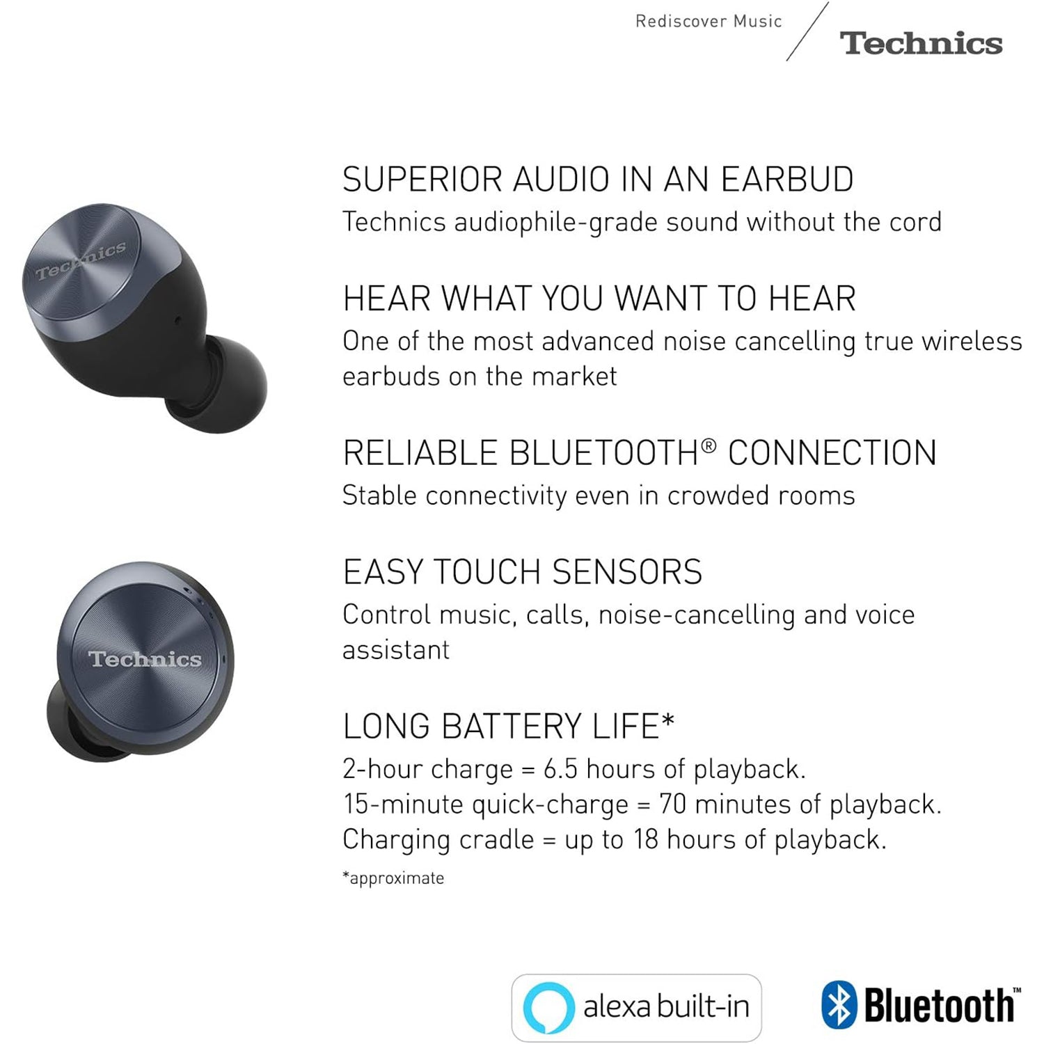 Technics - Écouteurs Intra-Auriculaires Sans-Fil Bluetooth avec Supression du Bruit, Microphone et Boitier de Recharge, Noir - Simple Boutique