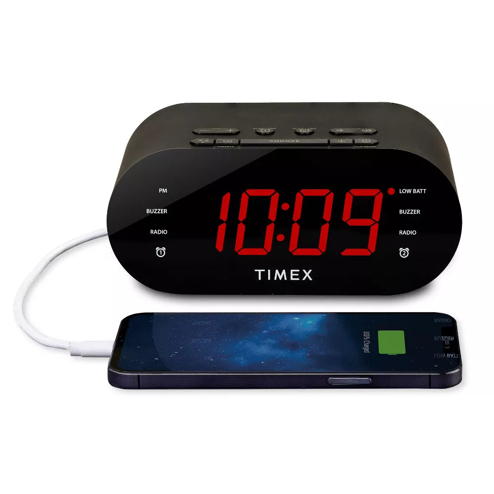 Timex Radio-Réveil à Double Alarme avec Affichage LED, Chargement USB et Batteries de Secours, Noir - T232B - Simple Boutique