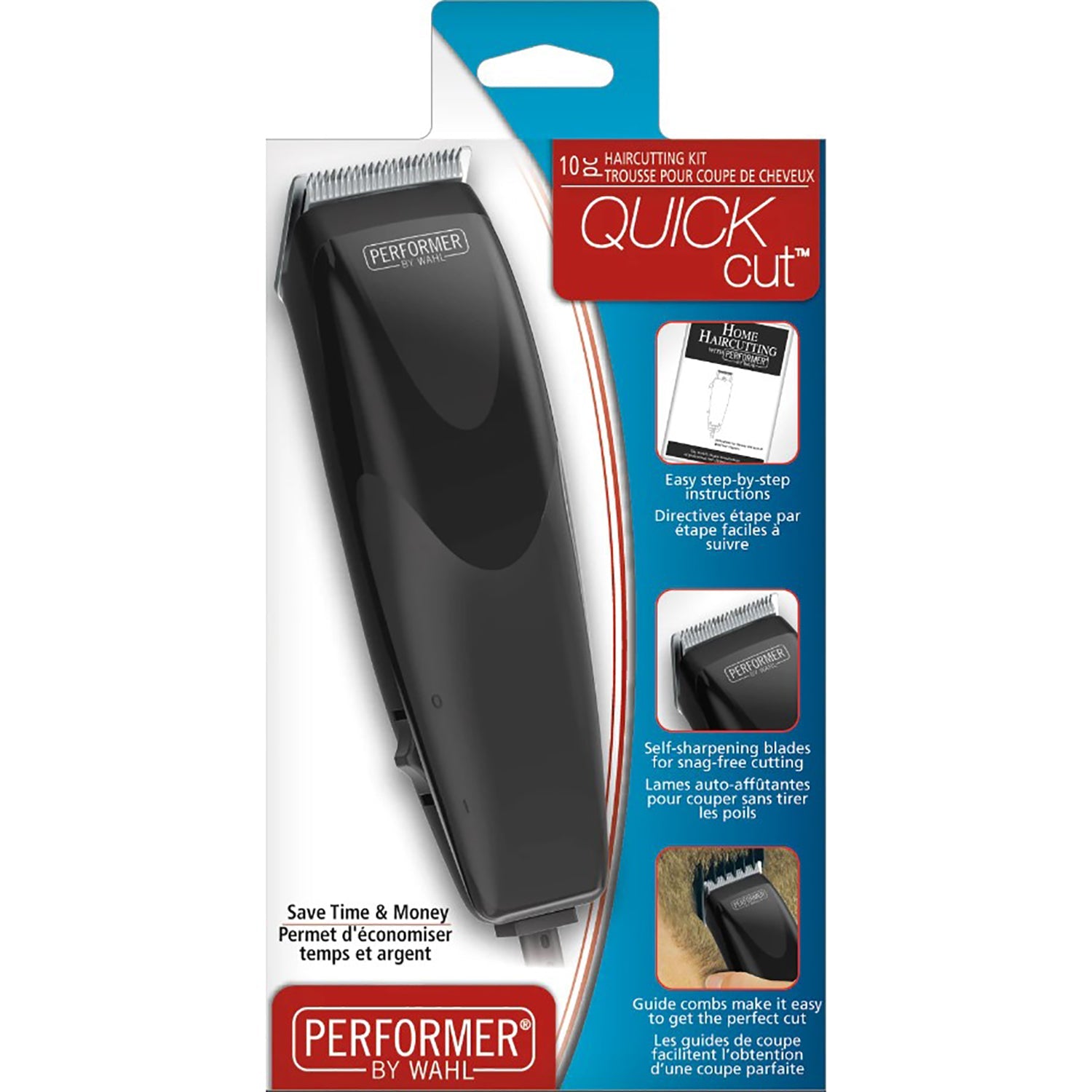 WAHL - Ensemble de Tondeuse à Cheveux QuickCut 10 Morceaux, Lames Auto-Affûtantes, Noir - Simple Boutique