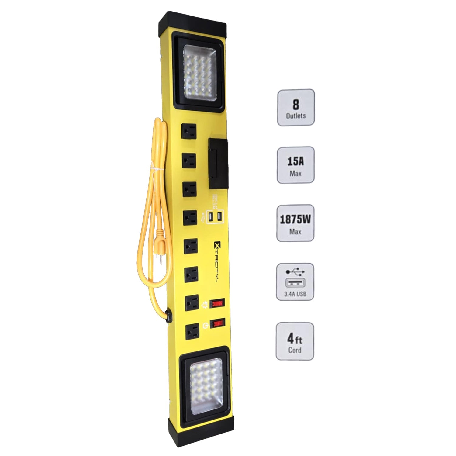 Xtricity - Barre D'alimention Robuste à 8 Prises Avec Éclairages DEL et Support Pour Téléphone, Jaune - Simple Boutique