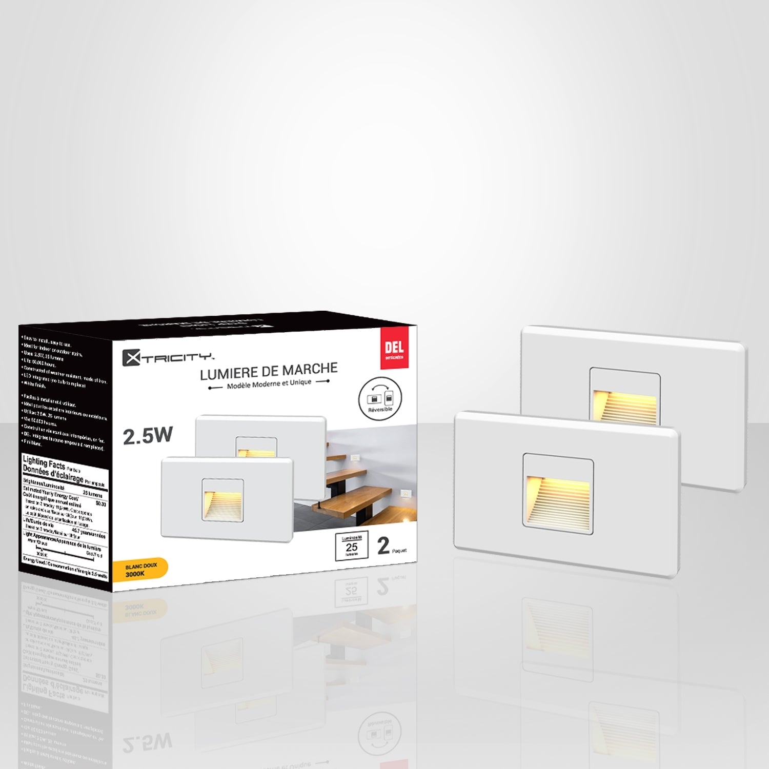 Xtricity - Ensemble de 2 Lumières de Sécurité pour Escalier DEL, 2.5W, 25 Lumens, 3000K Blanc Doux, Blanc - Simple Boutique