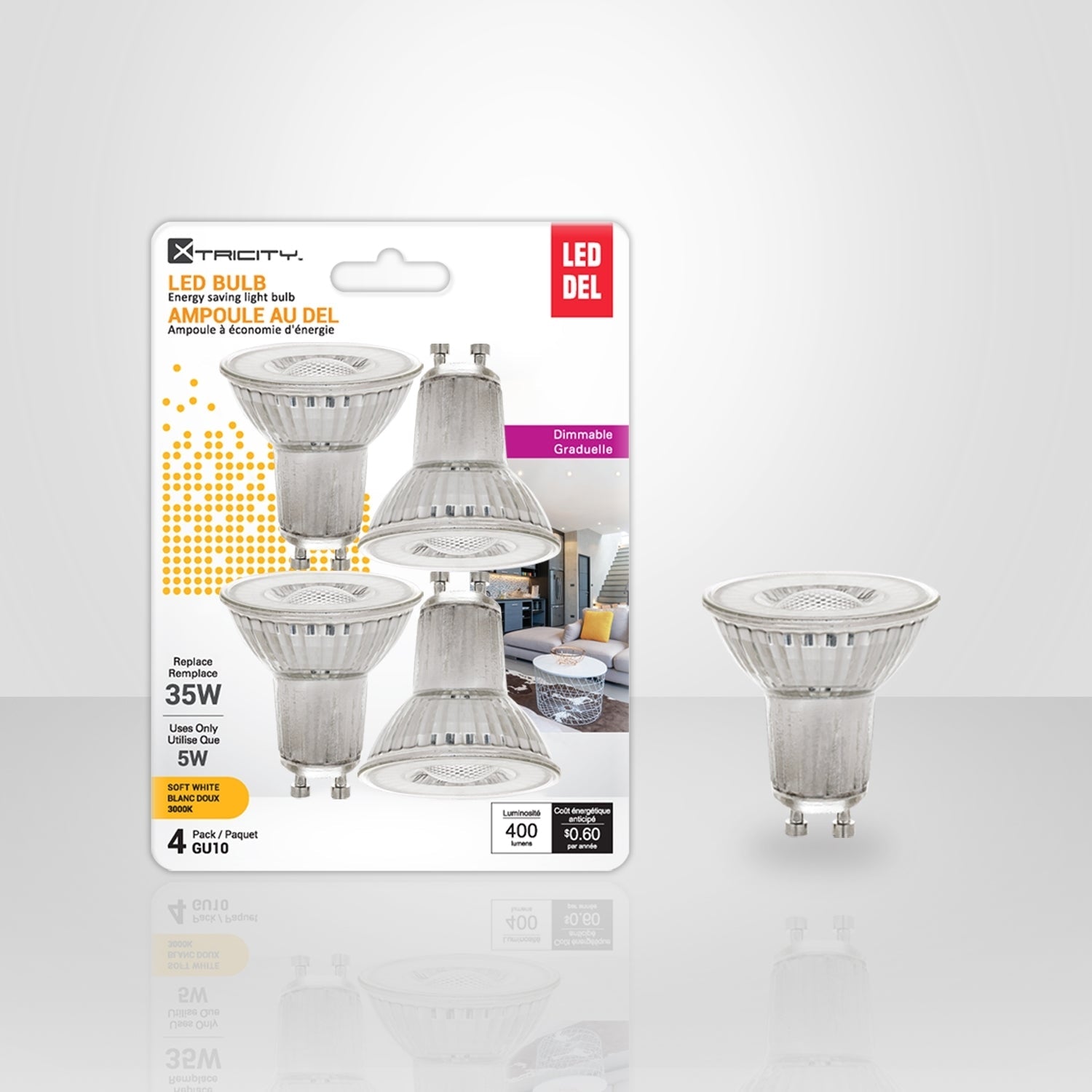 Xtricity - Ensemble de 4 Ampoules DEL à Économie d'énergie, Gradable, Type GU10, 5W, 3000K Blanc Doux - Simple Boutique