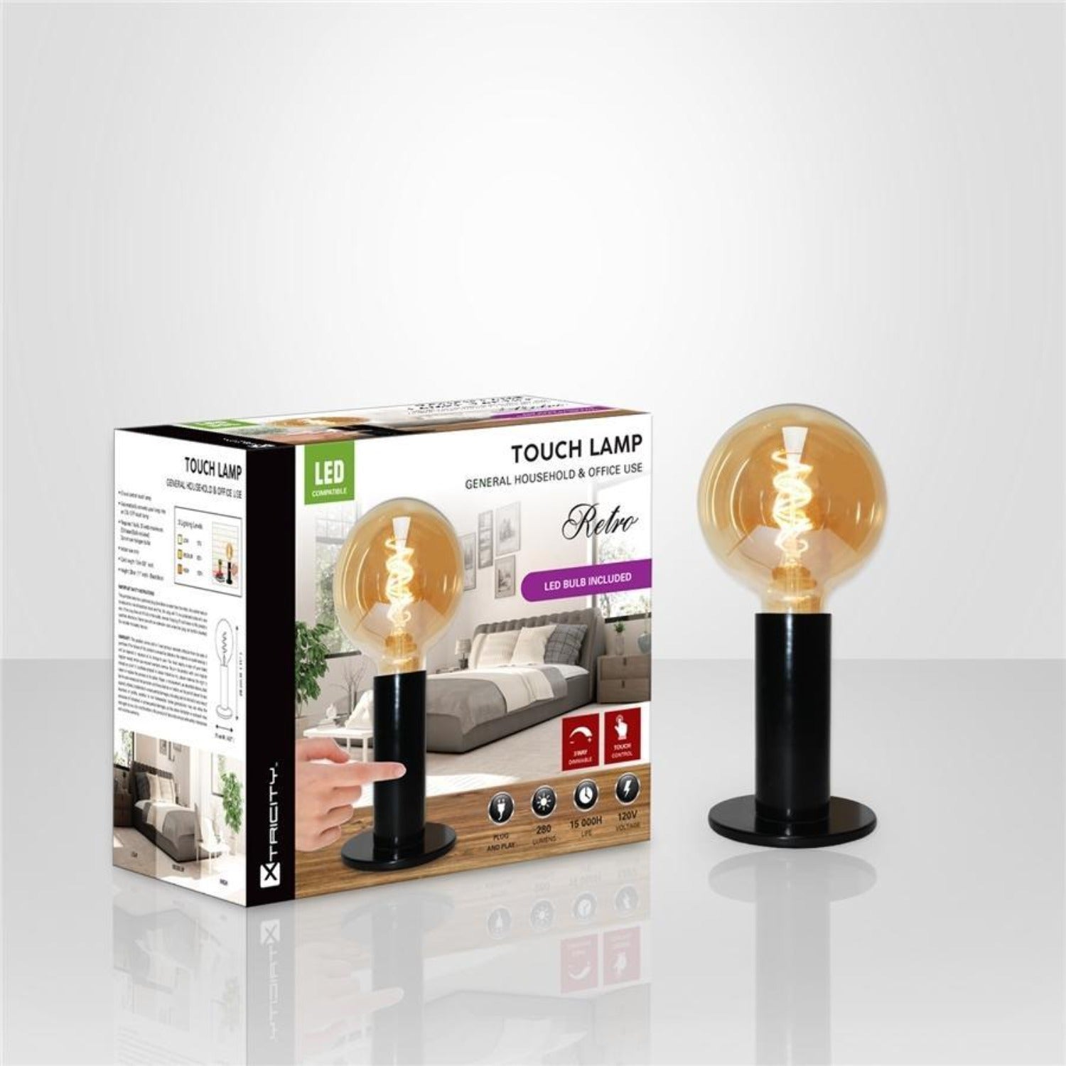 Xtricity - Lampe de Table Tactile avec 3 niveaux d'intensité, 11'' x 4.3'', De la Collection Retro, Noir - Simple Boutique