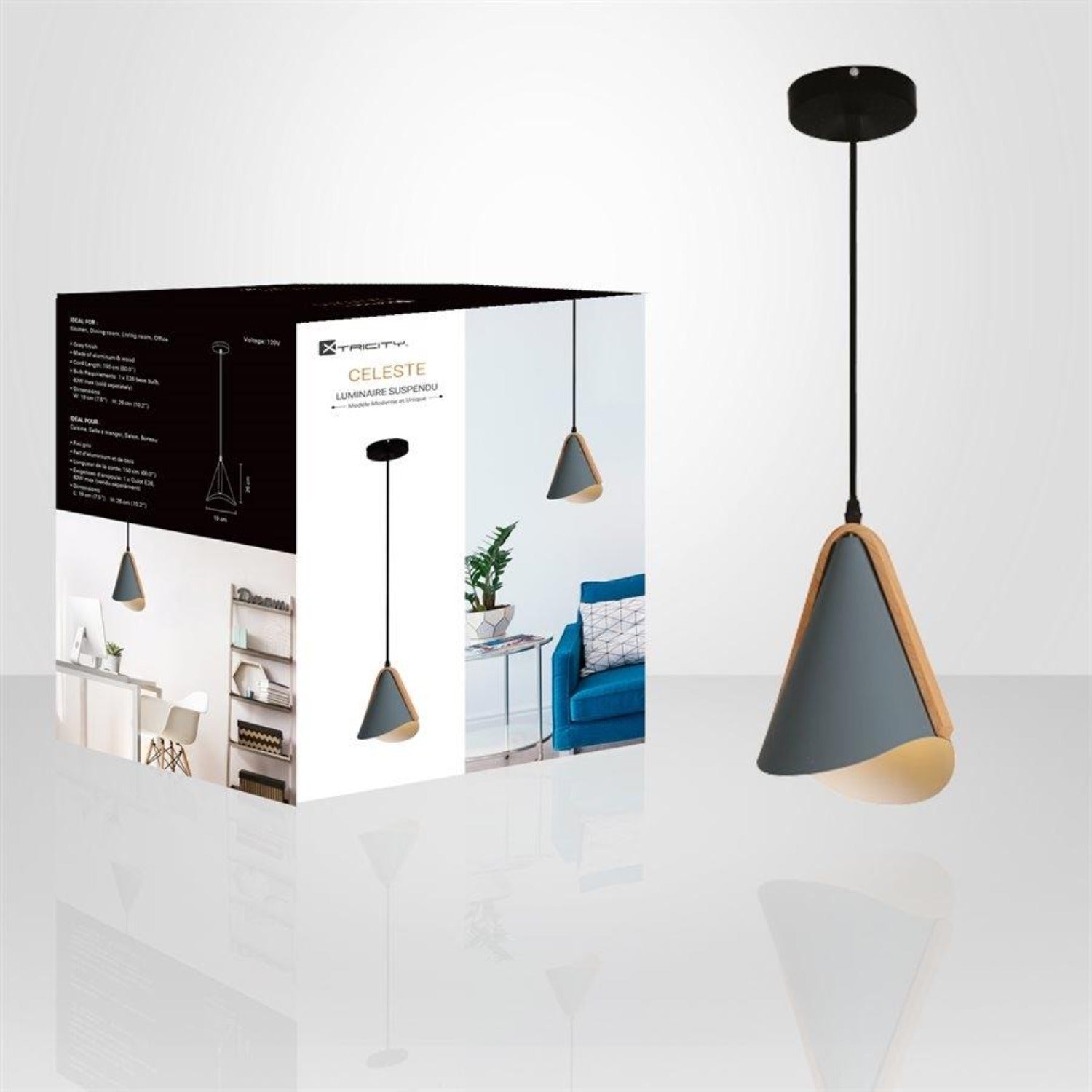 Xtricity - Luminaire Suspendu, Largeur de 7.5'', De la Collection Celeste, Gris et Bois - Simple Boutique