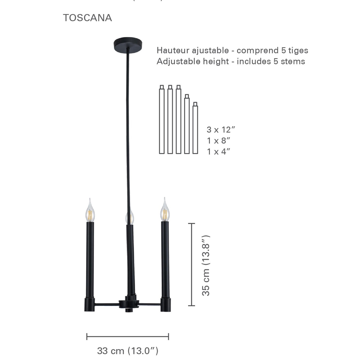 Xtricity - Luminaire Suspendu à 3 Lumières, Largeur de 13'', De la Collection Toscana, Noir - Simple Boutique