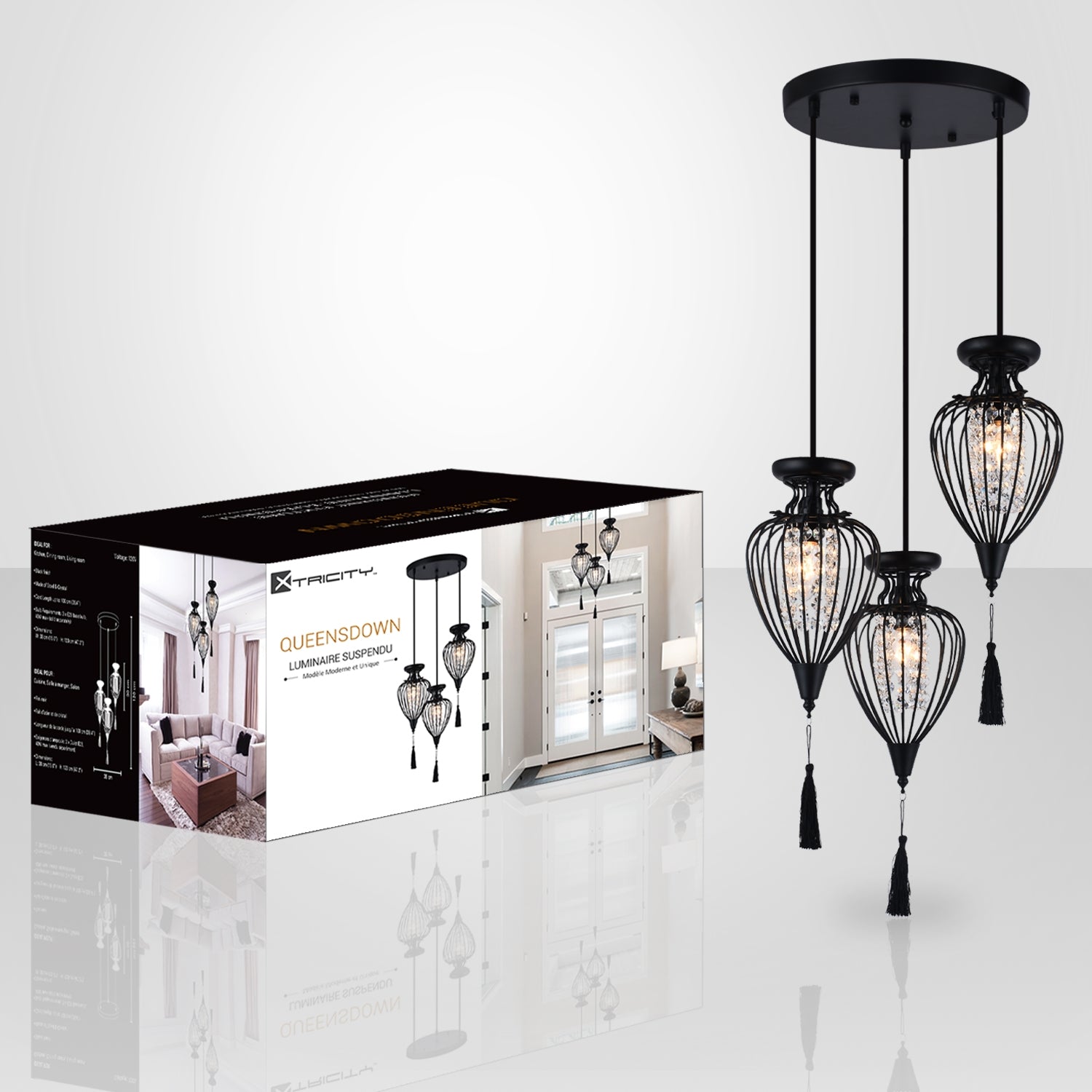 Xtricity - Luminaire Suspendu à 3 Lumières, Largeur de 15'', De la Collection QueensDown, Noir - Simple Boutique