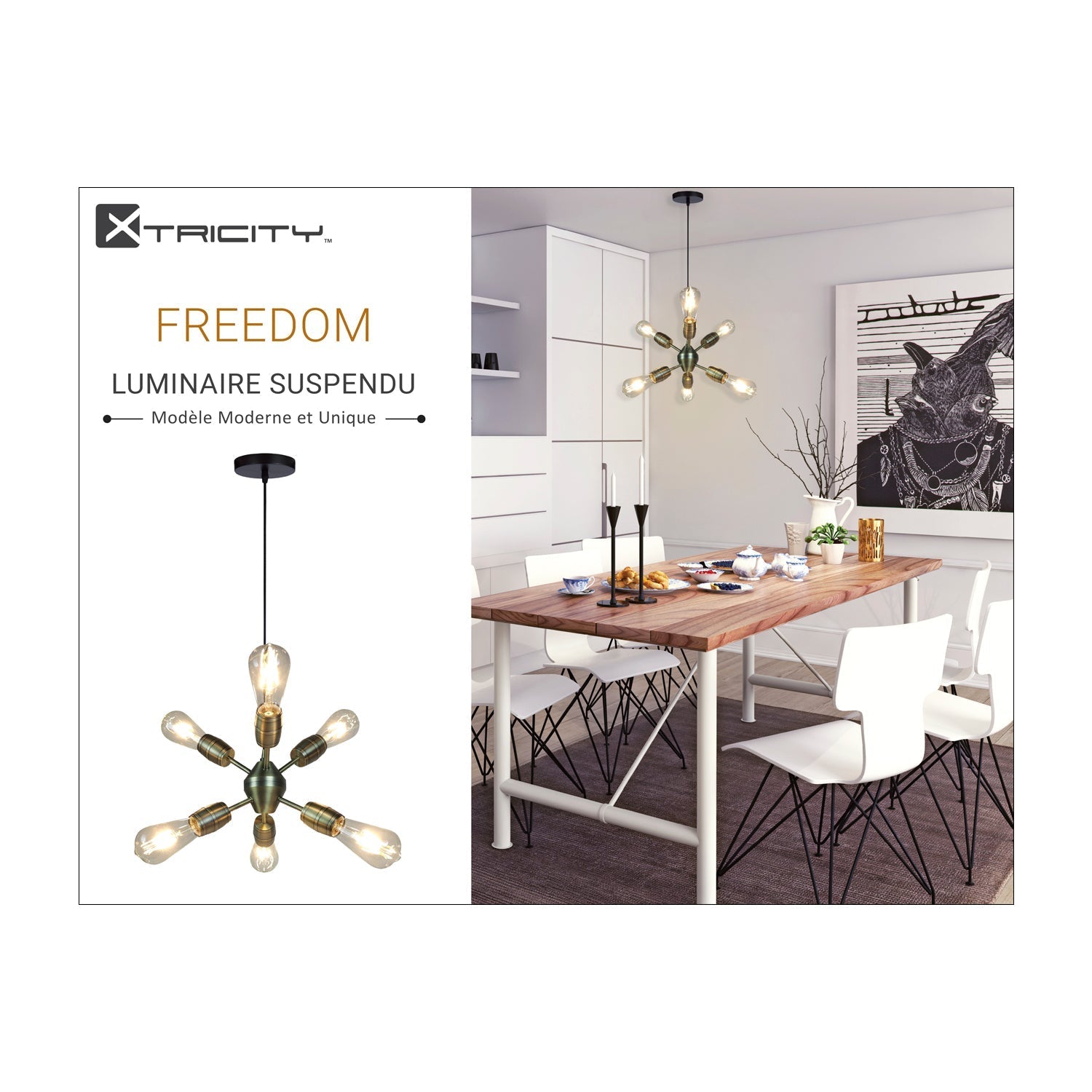 Xtricity - Luminaire Suspendu à 6 Lumières, Largeur de 11'', De la Collection Freedom, Laiton Antique - Simple Boutique