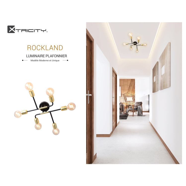 Xtricity - Plafonnier à 6 Lumières, Largeur de 18.9'', De la Collection Rockland, Noir et Doré - Simple Boutique