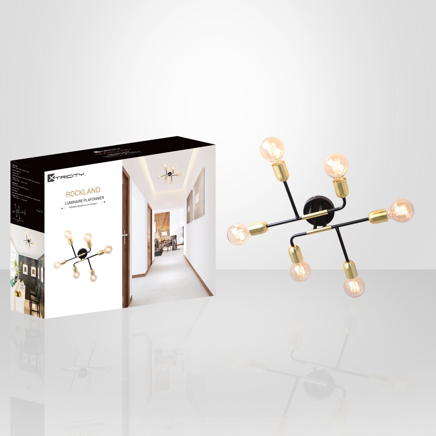 Xtricity - Plafonnier à 6 Lumières, Largeur de 18.9'', De la Collection Rockland, Noir et Doré - Simple Boutique