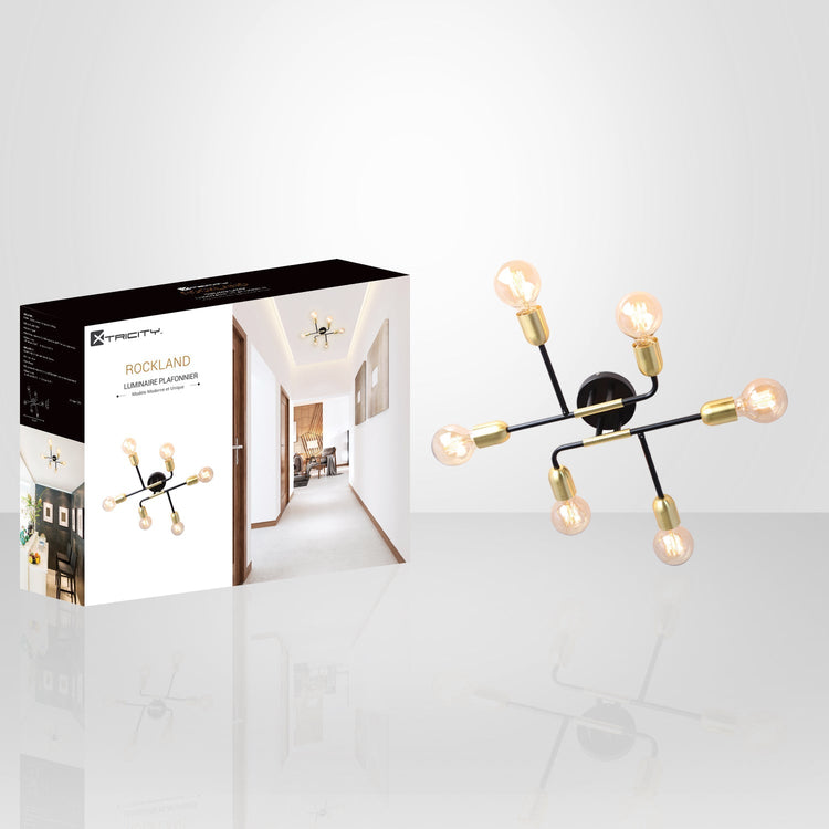 Xtricity - Plafonnier à 6 Lumières, Largeur de 18.9'', De la Collection Rockland, Noir et Doré - Simple Boutique