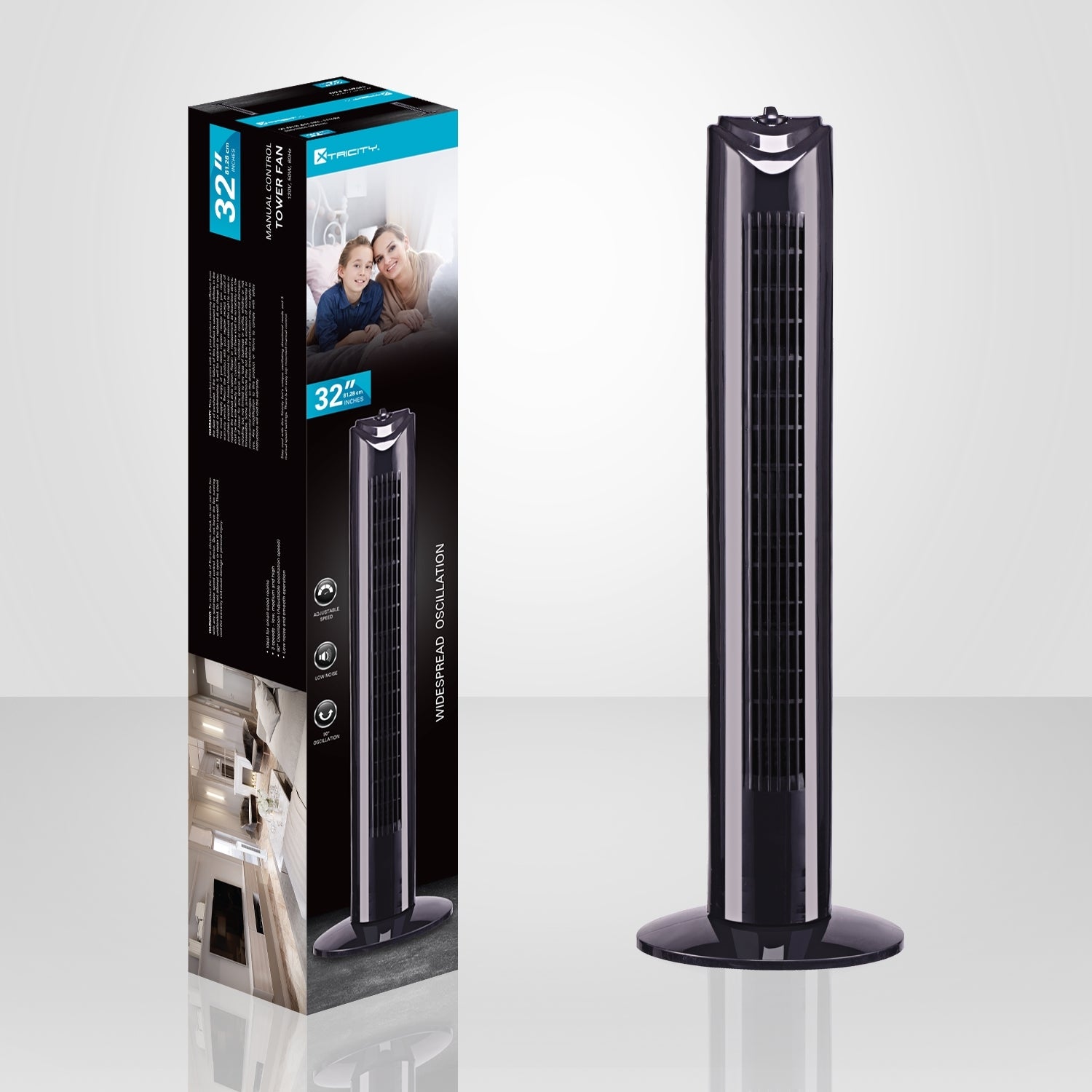 Xtricity - Ventilateur Tour Oscillant, Hauteur de 32", 3 Réglages de Vitesses, 50 Watts, Noir - Simple Boutique