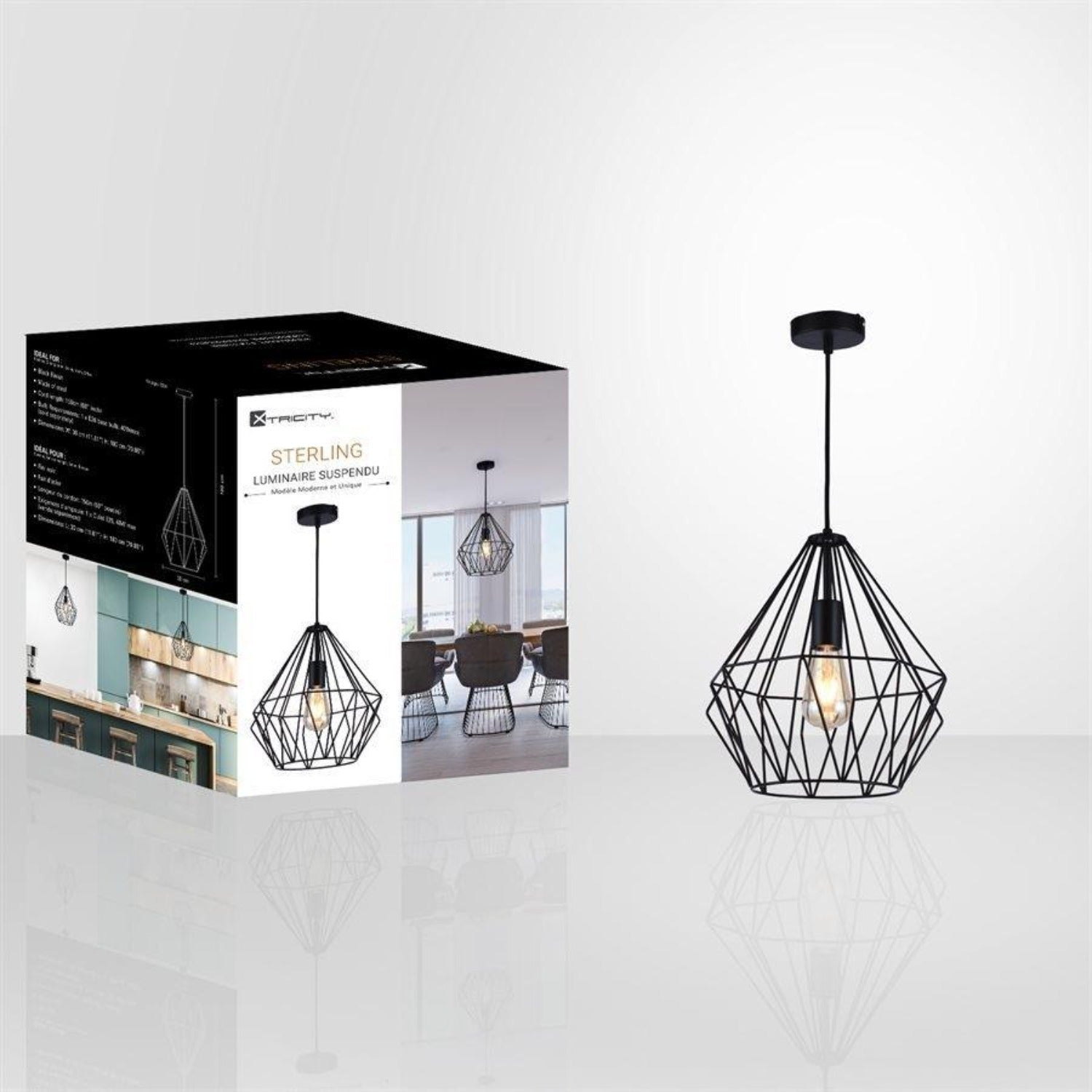 Xtricty - Luminaire Suspendu, Largeur de 11.81'', De la Collection Sterling, Noir - Simple Boutique