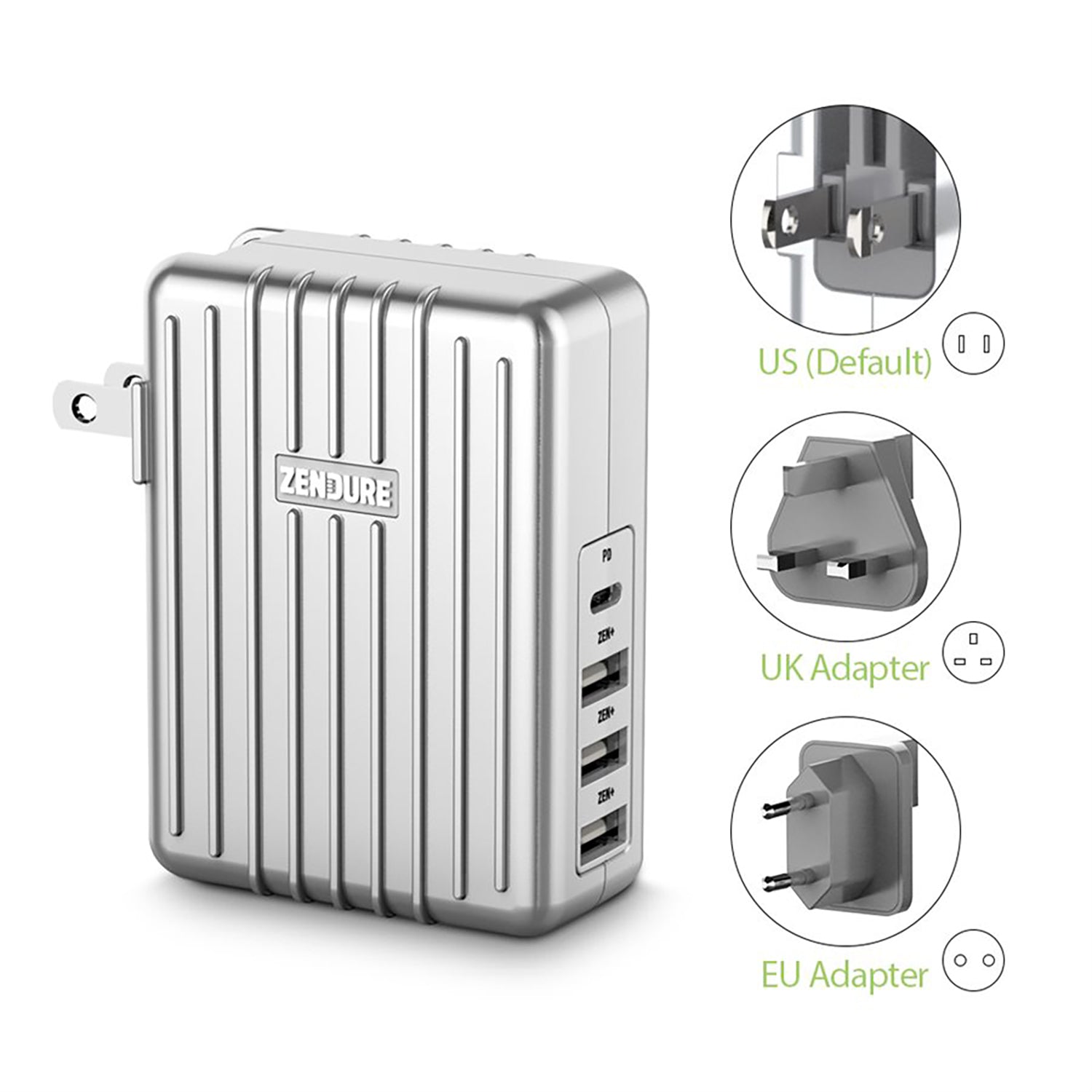 Zendure - Chargeur Mural avec 4 Ports USB avec Adaptateur de Voyage US, UK et EU, Argenté - Simple Boutique