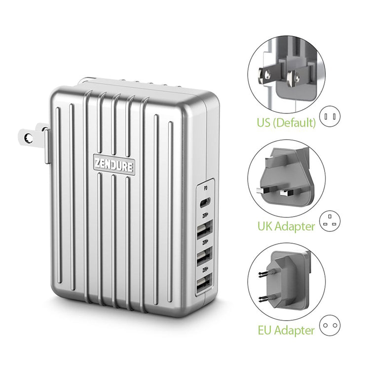 Zendure - Chargeur Mural avec 4 Ports USB avec Adaptateur de Voyage US, UK et EU, Argenté - Simple Boutique