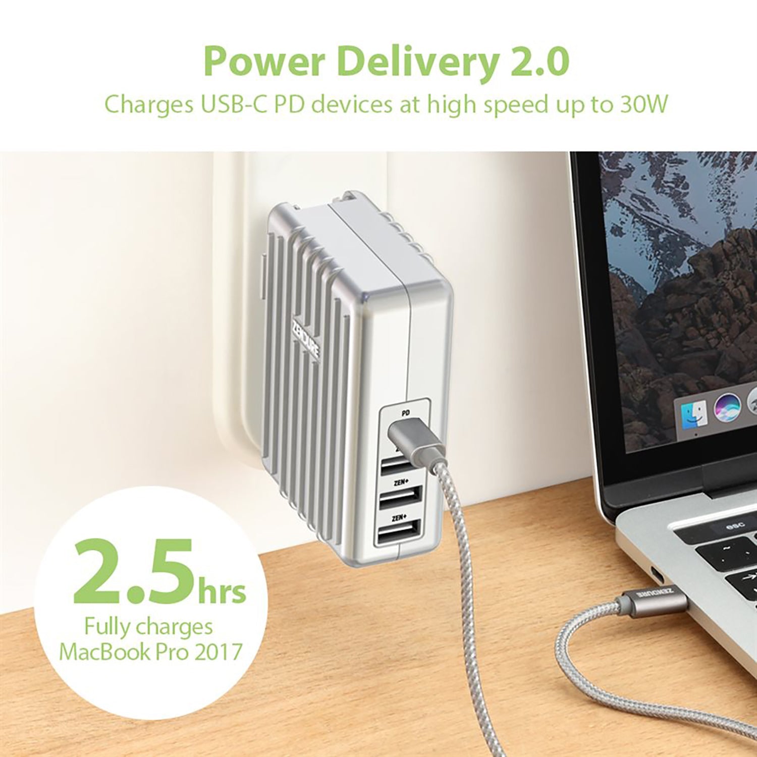 Zendure - Chargeur Mural avec 4 Ports USB avec Adaptateur de Voyage US, UK et EU, Argenté - Simple Boutique