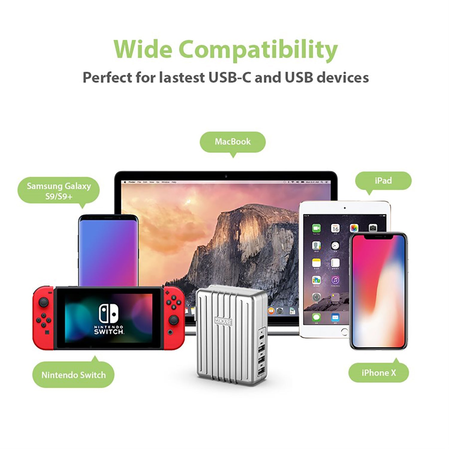 Zendure - Chargeur Mural avec 4 Ports USB avec Adaptateur de Voyage US, UK et EU, Argenté - Simple Boutique