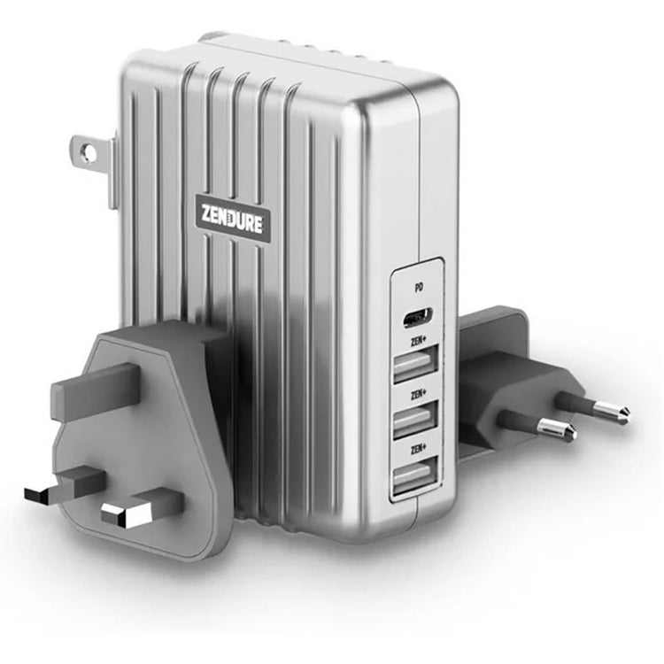 Zendure - Chargeur Mural avec 4 Ports USB avec Adaptateur de Voyage US, UK et EU, Argenté - Simple Boutique