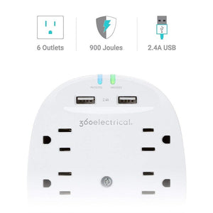 360 Electrica Studio Protecteur de Surtension à 6 Prises avec 2 Prises USB 2-2.4Amp Blanc 360303 - Simple Boutique