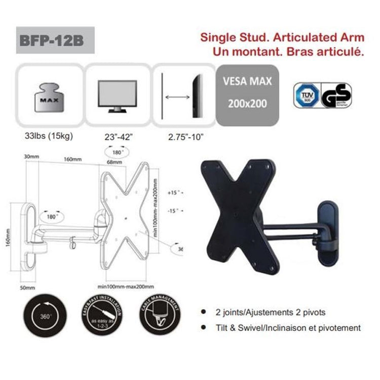AMX BFP-12B Support Mural Universel Articulé 2 Pivots Pour TV LED, LCD, PLASMA pour Écrans 23'' À 42'' - Simple Boutique