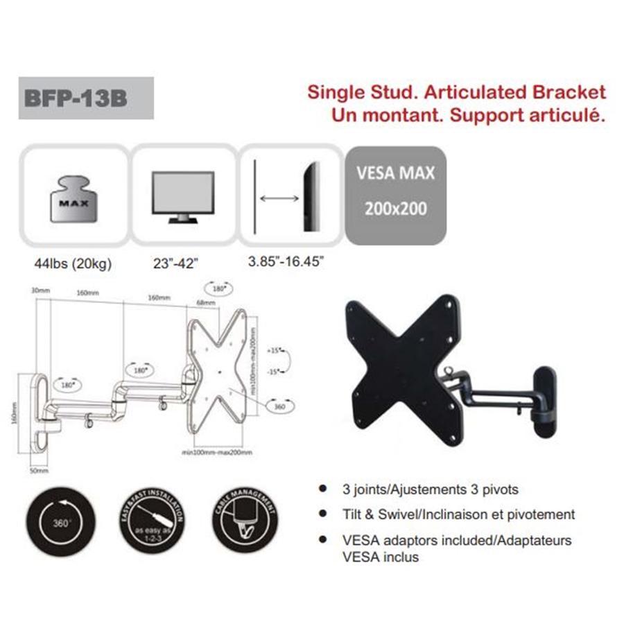 AMX BFP-13B Support Mural Universel Articulé 3 Pivots Pour TV LED, LCD, PLASMA pour Écrans 23'' À 42'' - Simple Boutique
