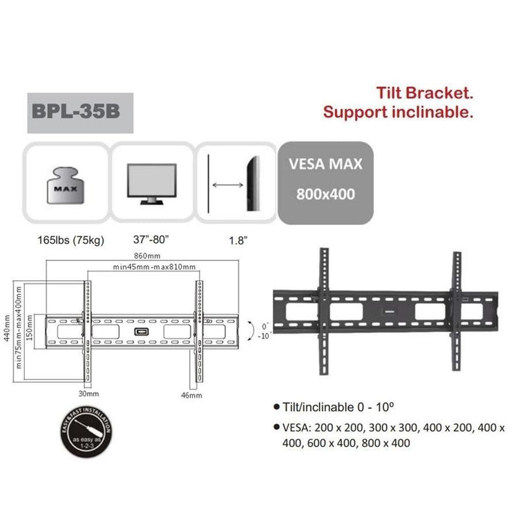 AMX BPL-35B Support Mural Universel Inclinable Pour TV LED, LCD, PLASMA pour Écrans 32'' À 80'' - Simple Boutique
