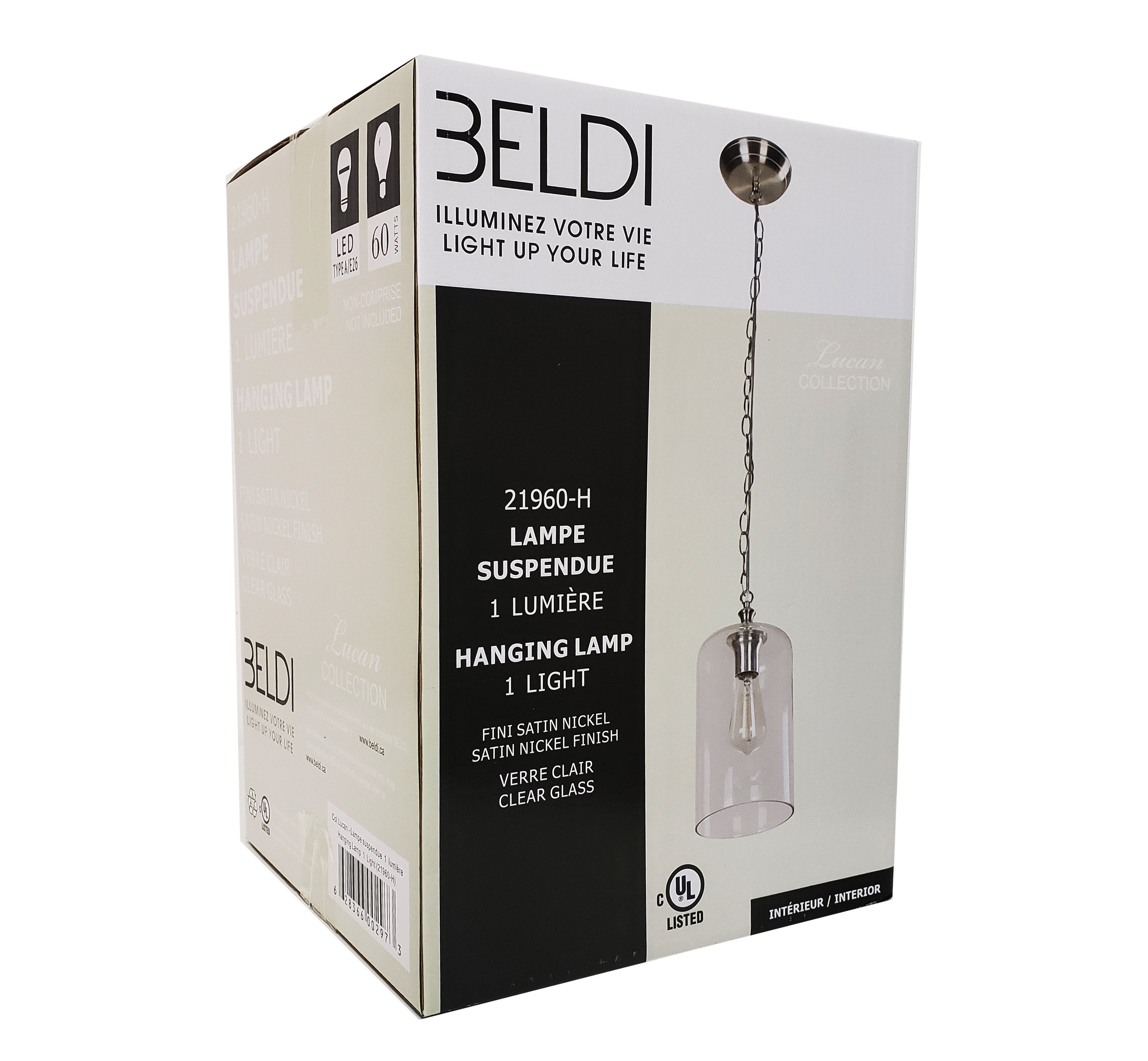 Beldi 21960-H Lampe Suspendue en Verre de la Collection Lucan, 6 1/2'' X 72 3/16'', Pour Ampoule DEL ou Incandescente, Argenté - Liquidation Vente Finale - Simple Boutique