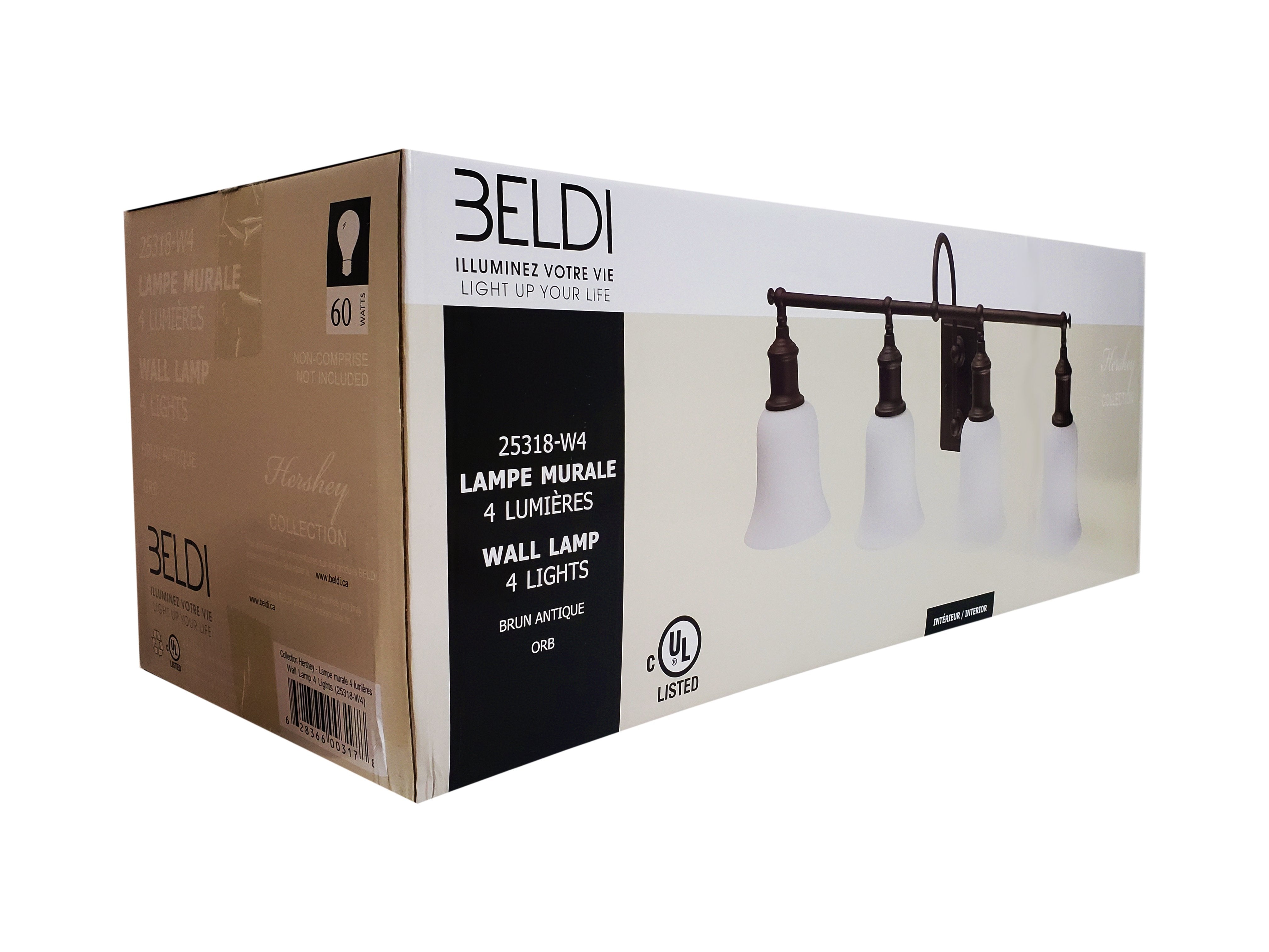 Beldi 25318-W4 - Lampe Murale 4 Lumières de la Collection Hershey, 30.7'' X 9.1'', Marron - Liquidation Vente Finale - Simple Boutique