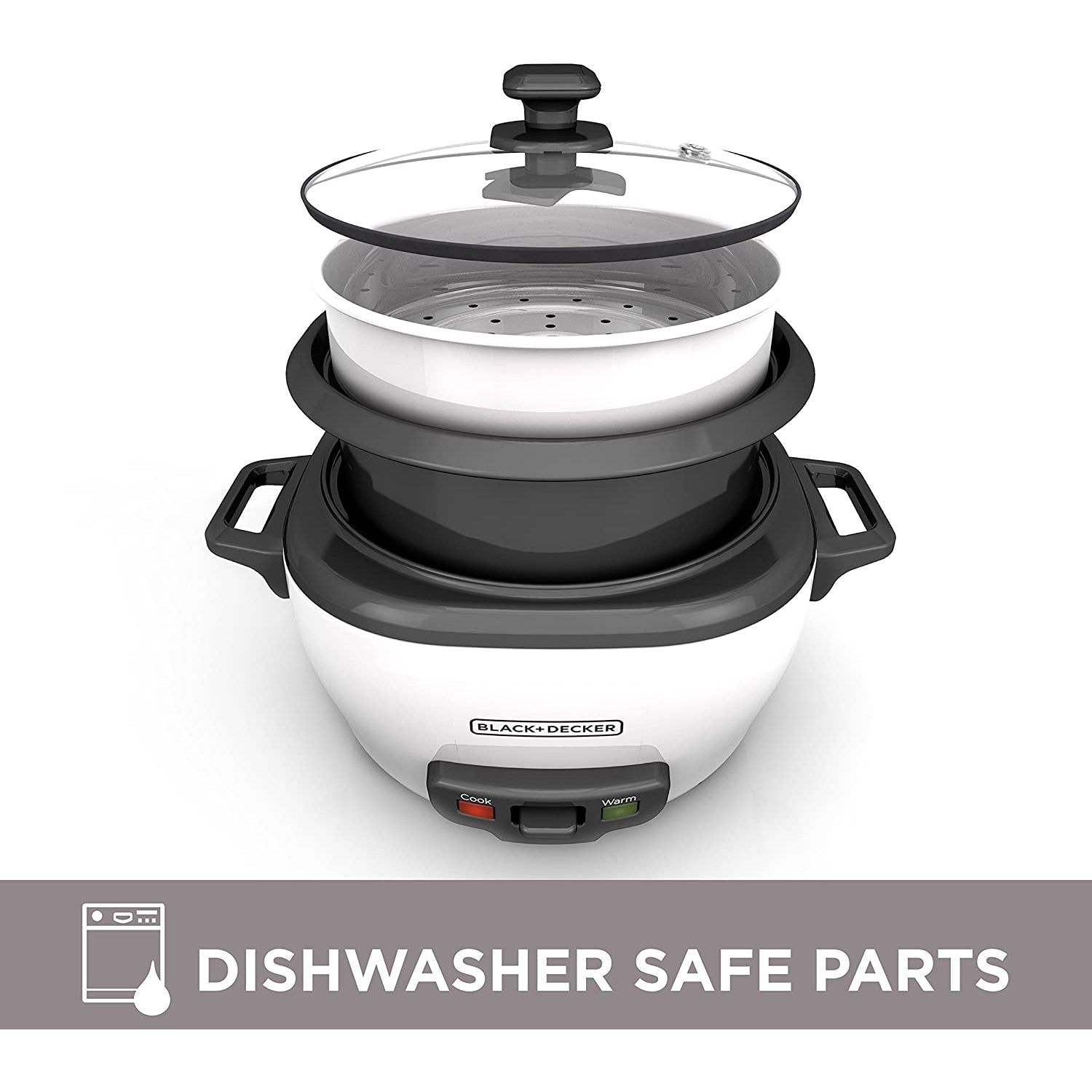 Black + Decker - Cuiseur à Riz/Cuiseur à Vapeur, Capacité de 6 Tasses, Bol Antiadhésif, Blanc - Simple Boutique