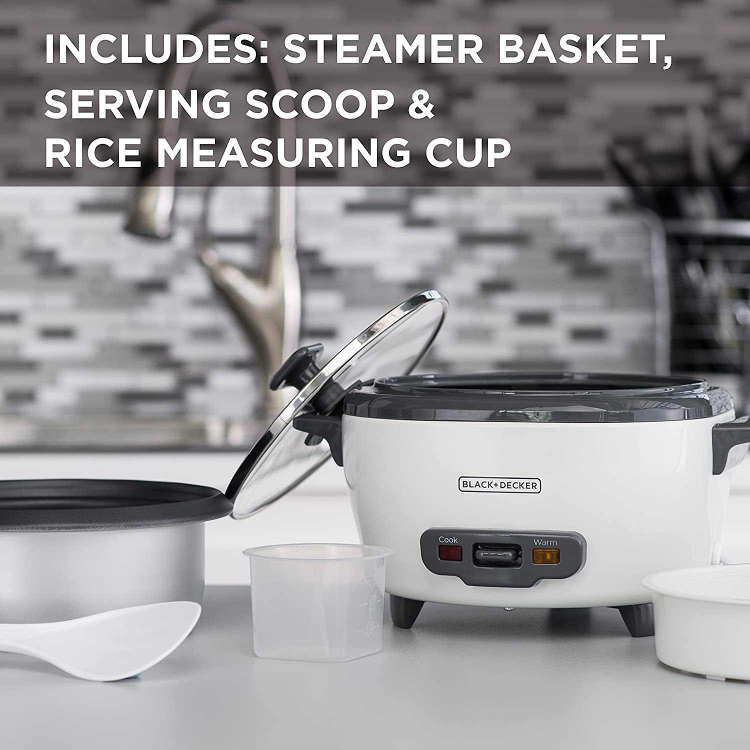 Black + Decker - Cuiseur à Riz/Cuiseur à Vapeur, Capacité de 6 Tasses, Bol Antiadhésif, Blanc - Simple Boutique