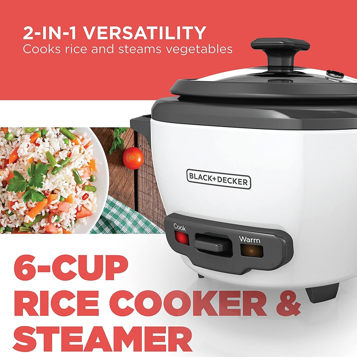 Black + Decker - Cuiseur à Riz/Cuiseur à Vapeur, Capacité de 6 Tasses, Bol Antiadhésif, Blanc - Simple Boutique