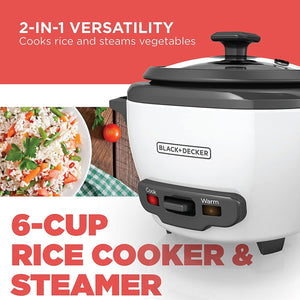 Black + Decker - Cuiseur à Riz/Cuiseur à Vapeur, Capacité de 6 Tasses, Bol Antiadhésif, Blanc - Simple Boutique