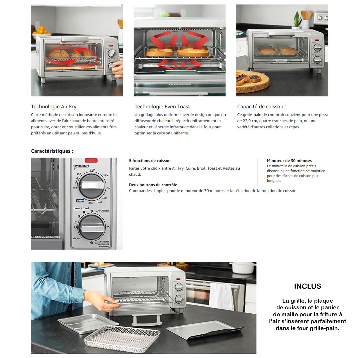 Black + Decker - Four-Grille Pain Air-Fry, Capacité de 4 Tranches, Minuterie de 30 Minute, Acier Inoxydable - Simple Boutique