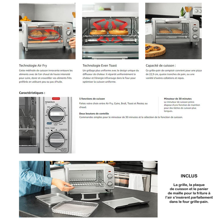 Black + Decker - Four-Grille Pain Air-Fry, Capacité de 4 Tranches, Minuterie de 30 Minute, Acier Inoxydable - Simple Boutique