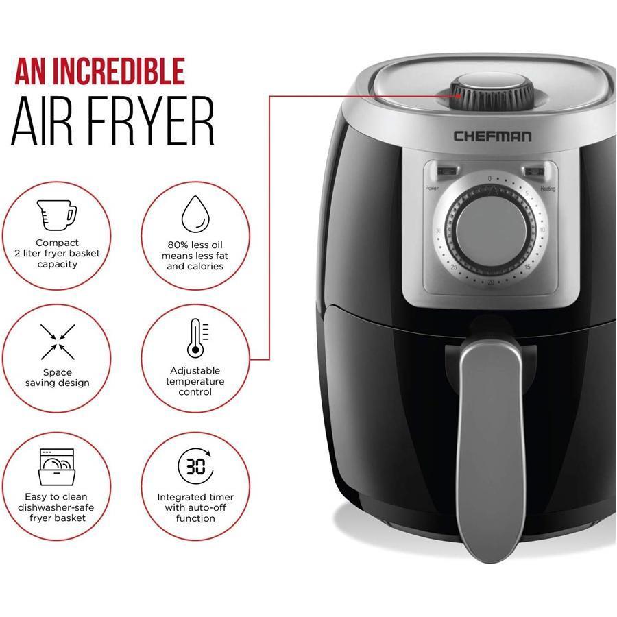 Chefman TurboFry Friteuse à Air 2L Compacte avec Panier pour Lave-Vaiselle, Contrôle de la Température Réglable, Minuterie 30 Minutes Noire - Simple Boutique